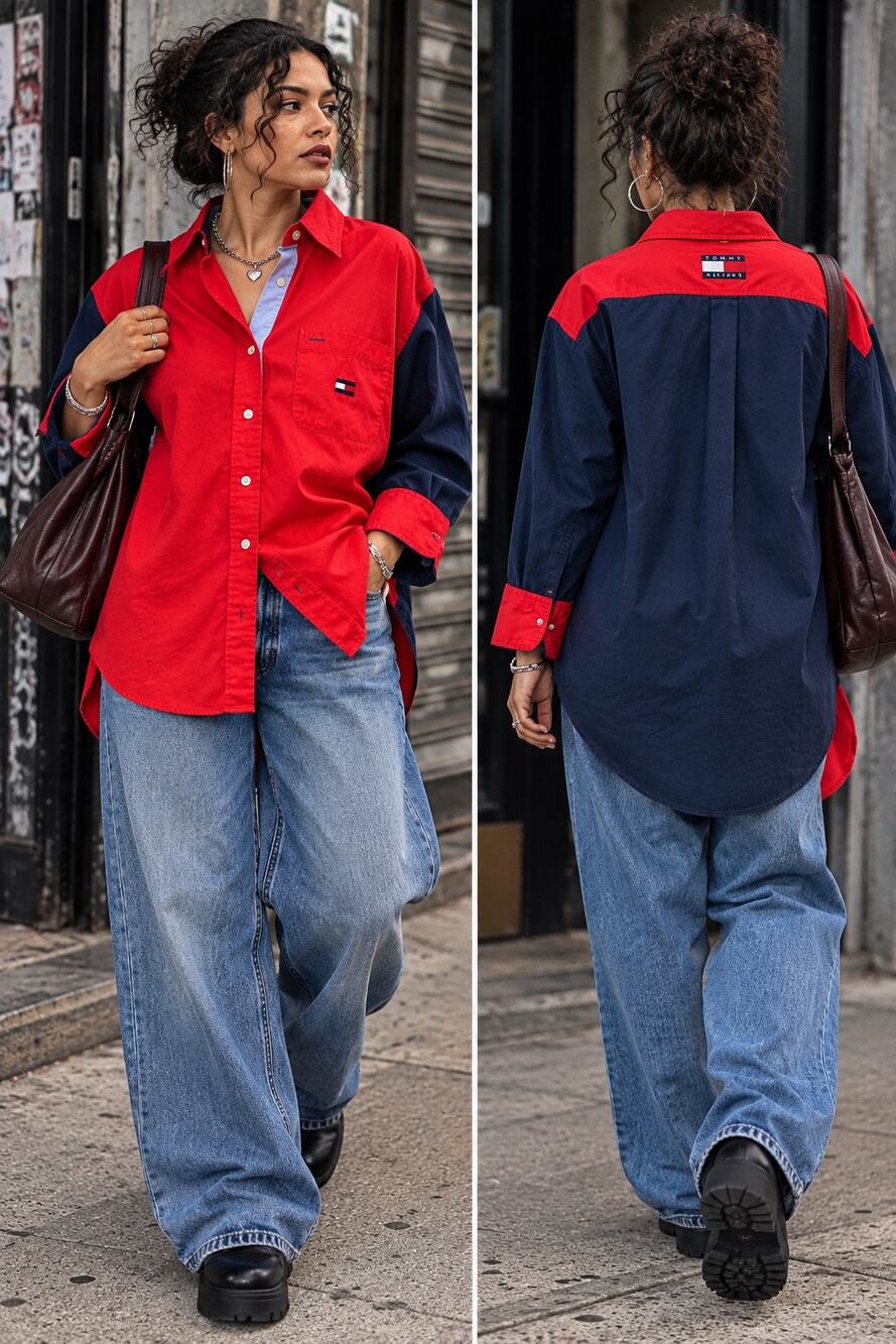 Vintage Tommy Hilfiger 90s Red Colorblock Oversized Button Down Shirt Size 6